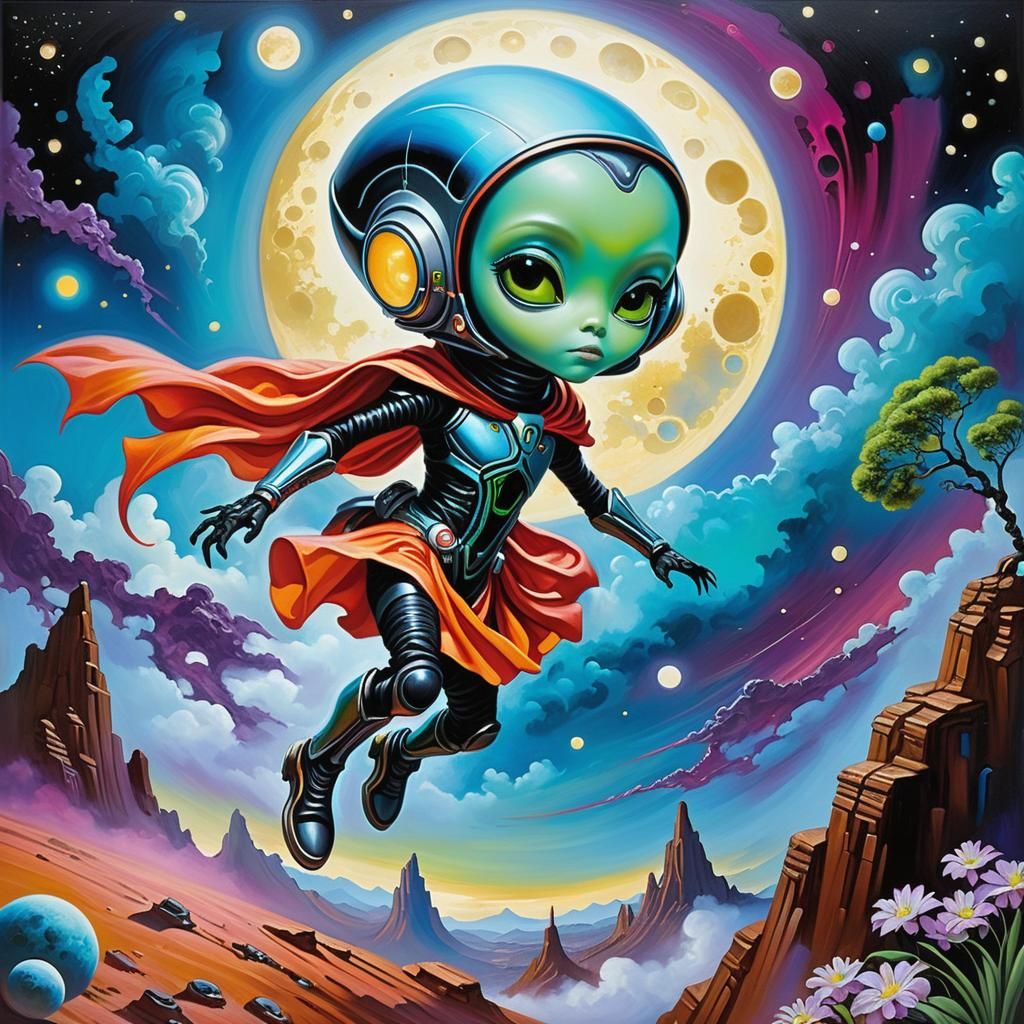 Cyborg Alien in Vibrant Moonscape as Oil Painting