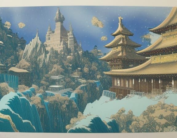 Japanese Macaque Monk in Front of Sparkling Ice Castle