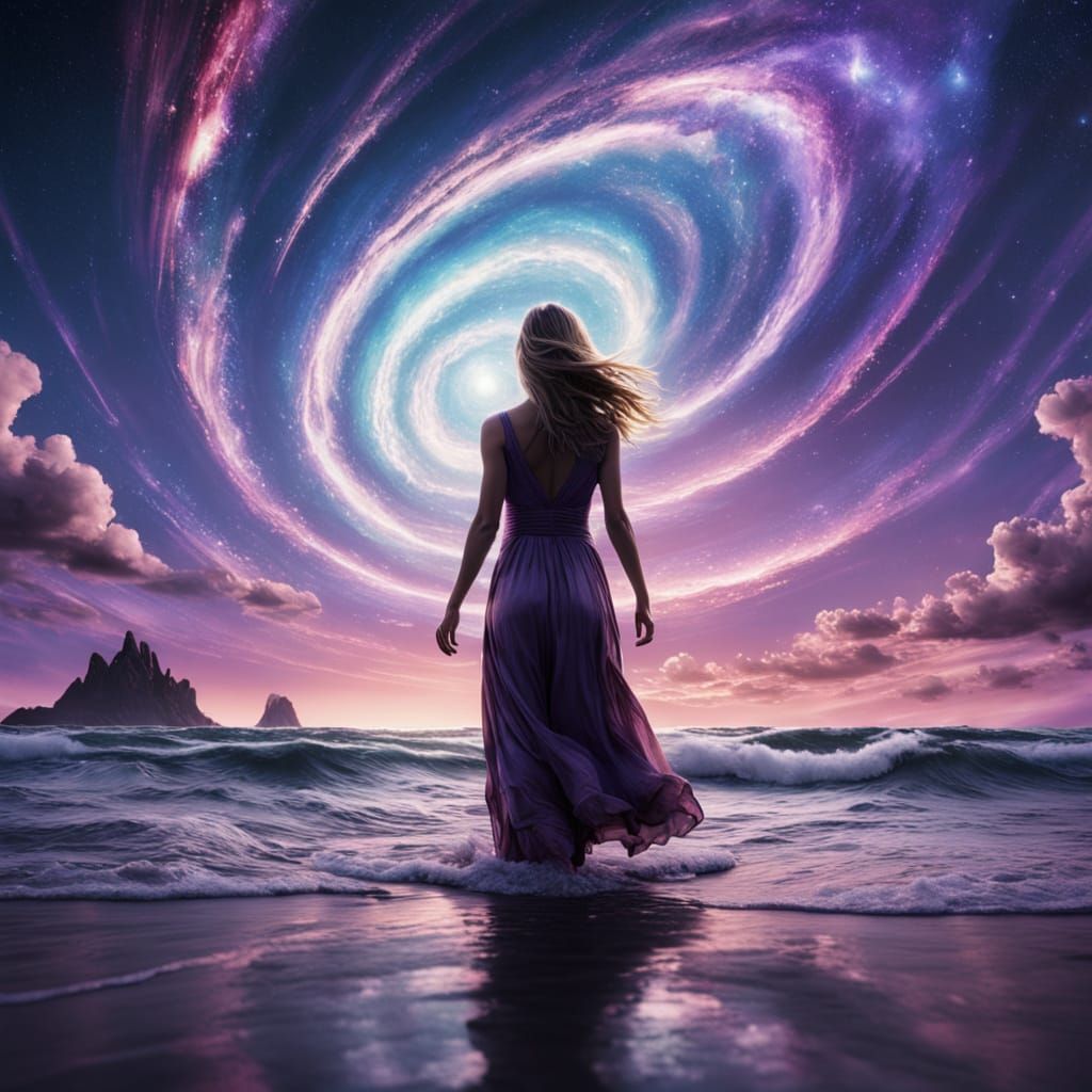 Woman Treading Water in Sky Ocean Amidst Galaxies