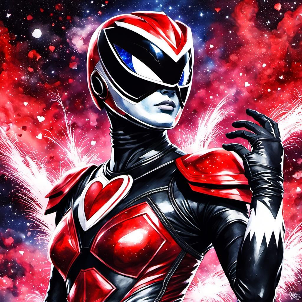 Feminine Power Ranger in Red Nebula: Watercolor Art