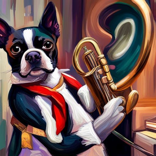 Anthropomorphic Boston Terrier Playing Saxophone