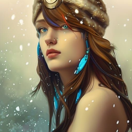 Blue Winter Spirit Girl Portrait, Hyperdetailed Art