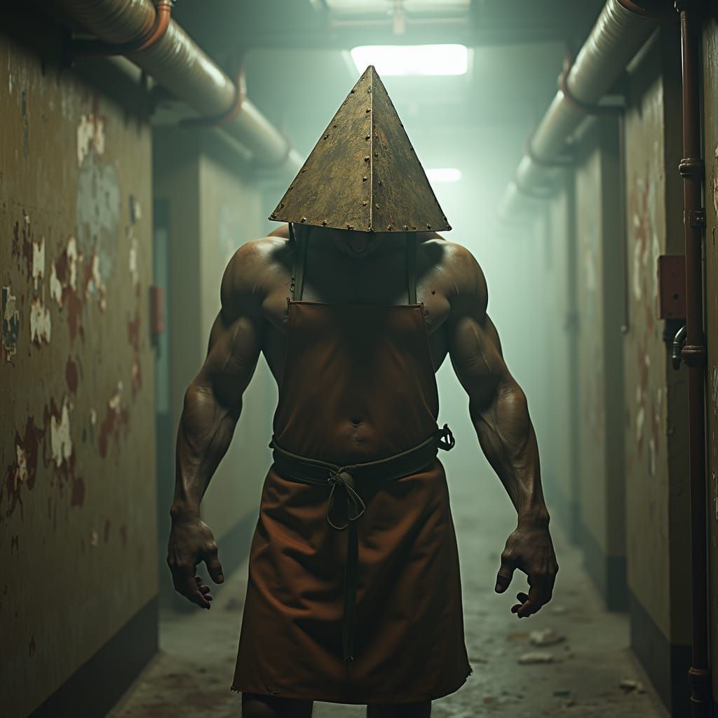 Menacing Pyramid Head in Decaying Industrial Horror Scene