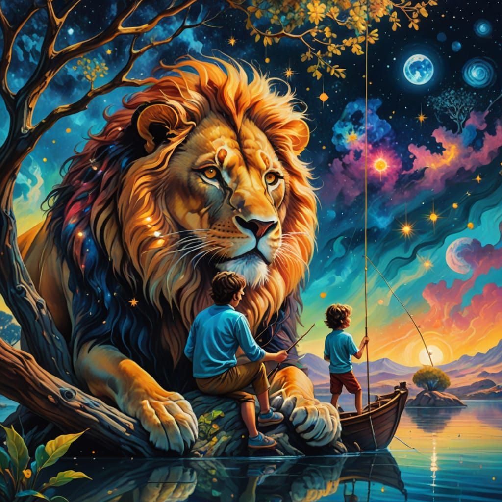 Lion and Boy Fishing in Tree: Surreal Oil Painting