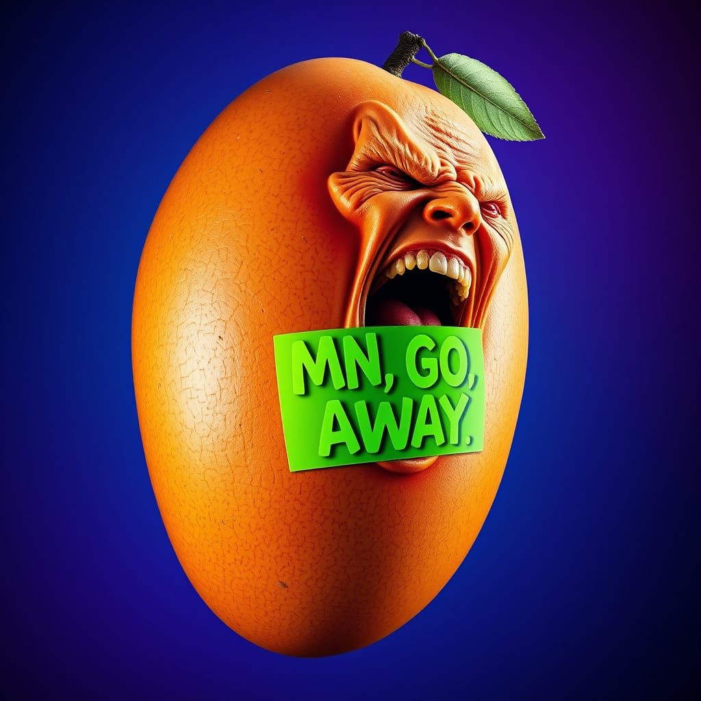 Surreal Mango in Neon Green Sticker, Contorted Face, and Eth...