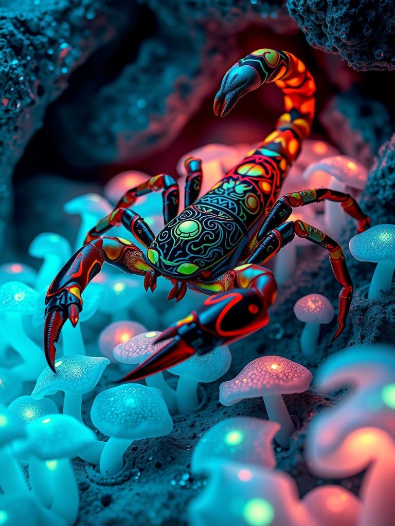 Mystical Bioluminescent Scorpion in a Hidden Grotto