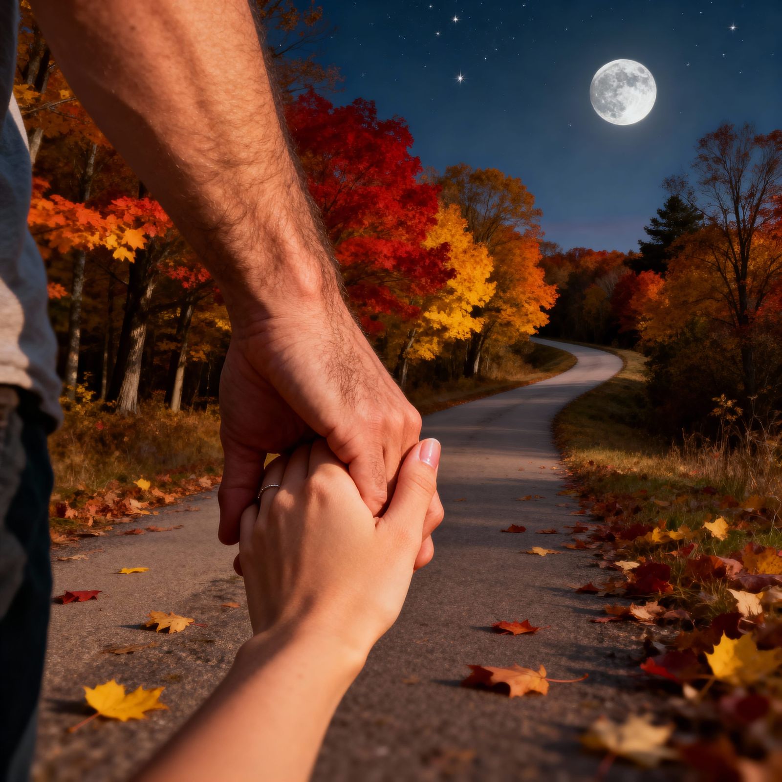 Couple's Hands Held Under Autumn Moonlit Sky