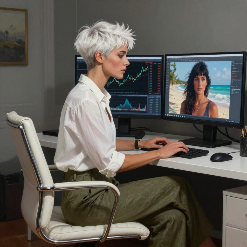 Woman Working in Designer Office, Hyperrealistic Digital Pai...