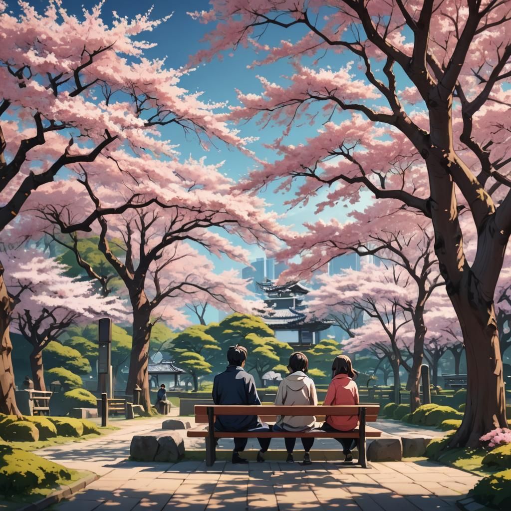 Sakura Blossoms in Japanese Park: Anime Style