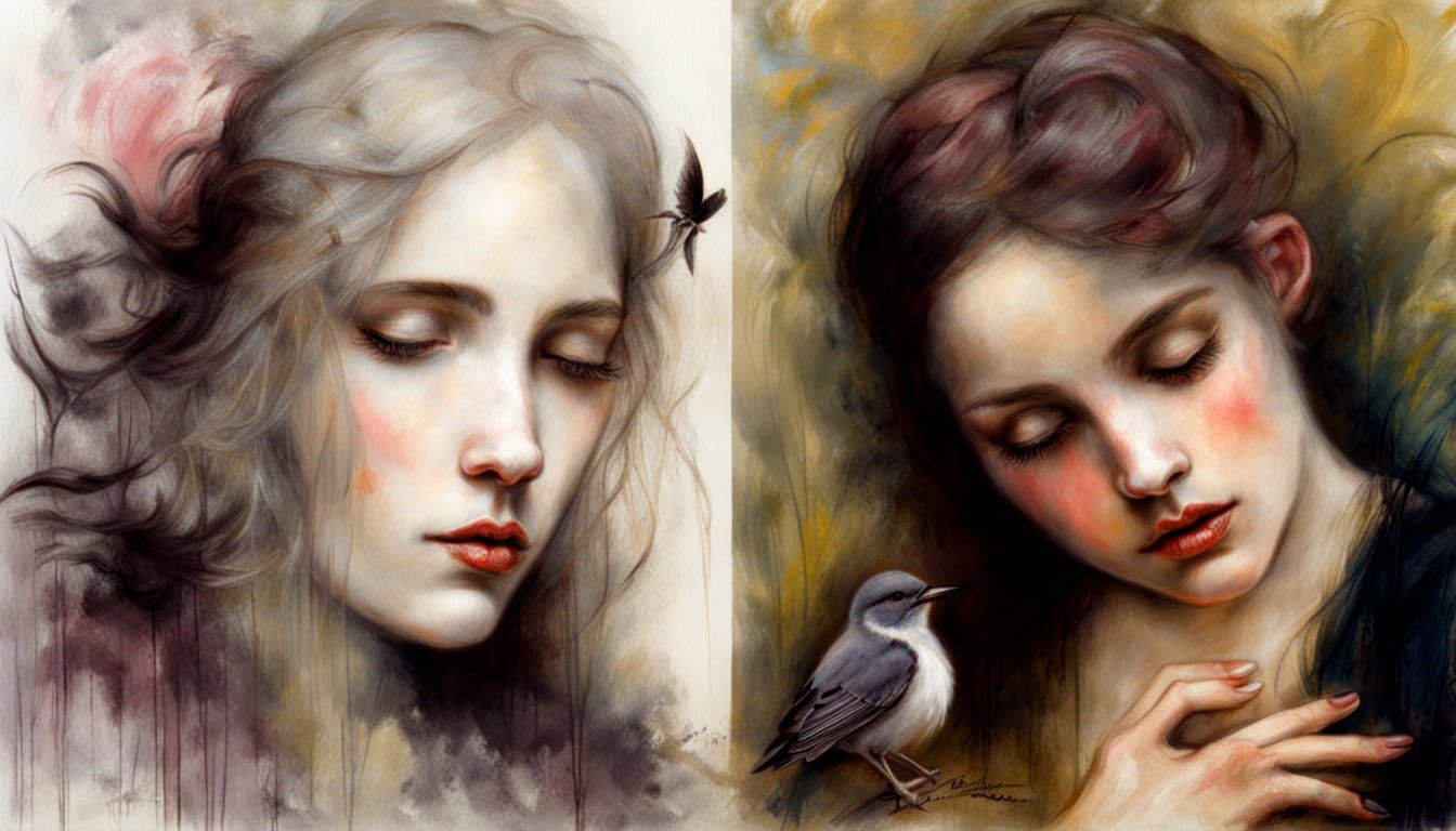 Woman with Heart and Bird in Pre-Raphaelite Style