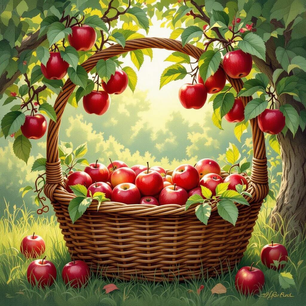 Whimsical Farmyard in a Basket with Apple Trees