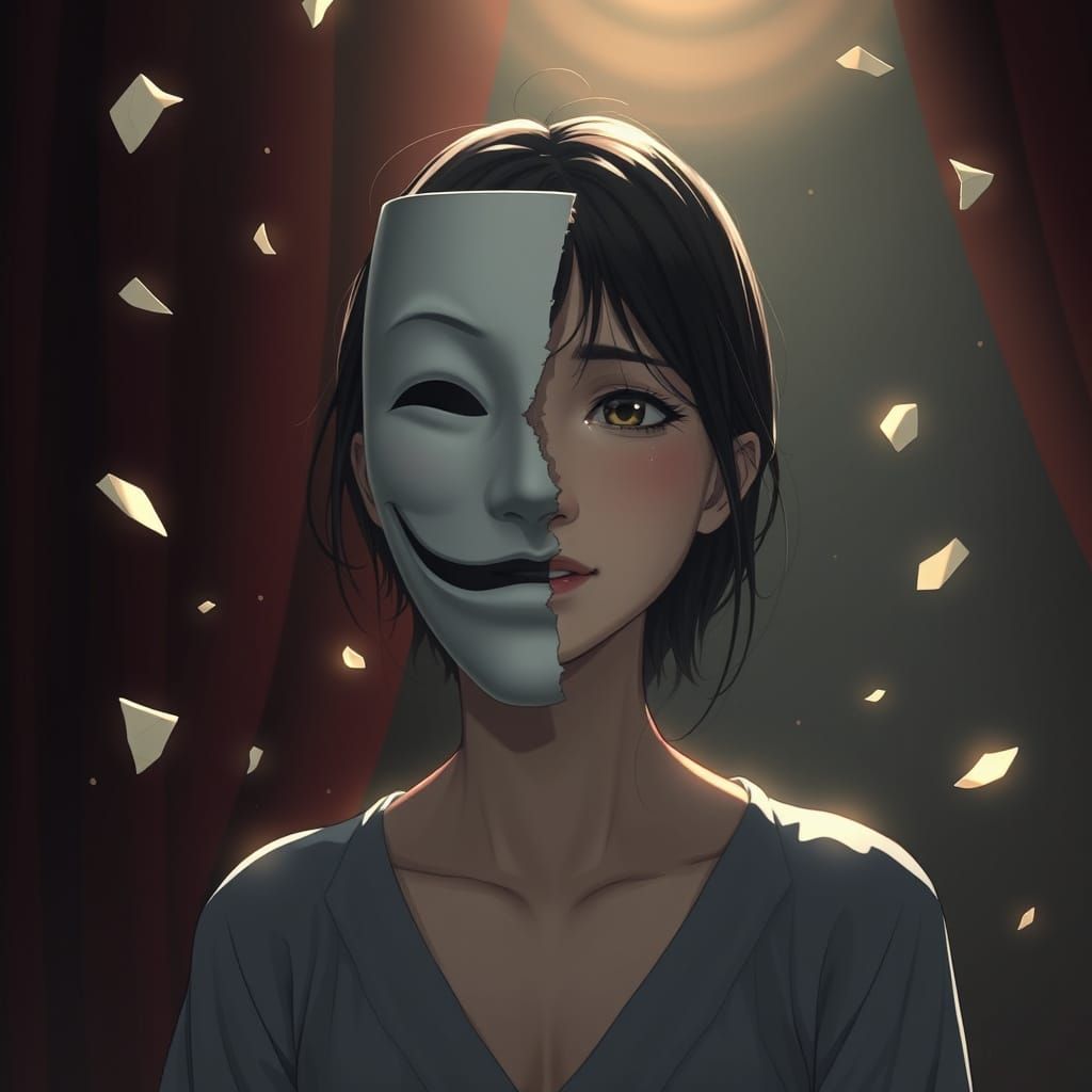 Shattered Comedy Mask Reveals Sorrowful Woman