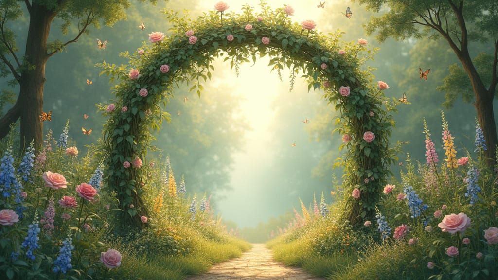 Enchanted Garden Arch with Butterflies and Sunlight