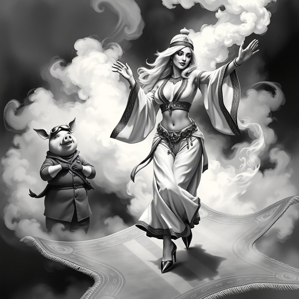 Oriental Genie Belly Dance Watched by Pig Pilot