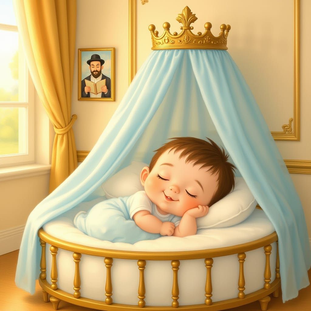 Adorable Baby Sleeping in Luxurious Crib with Sunrise Glow