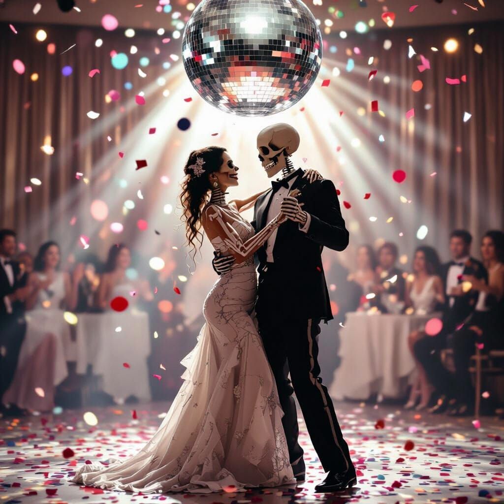 Skeleton Couple Slow Dance Under Disco Ball