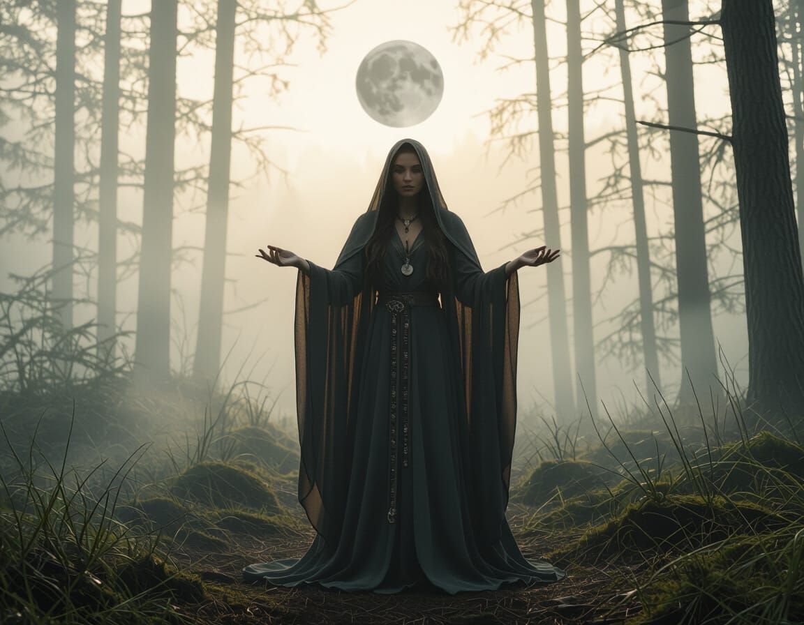 Pagan Priestess Predicts Future in Misty Forest