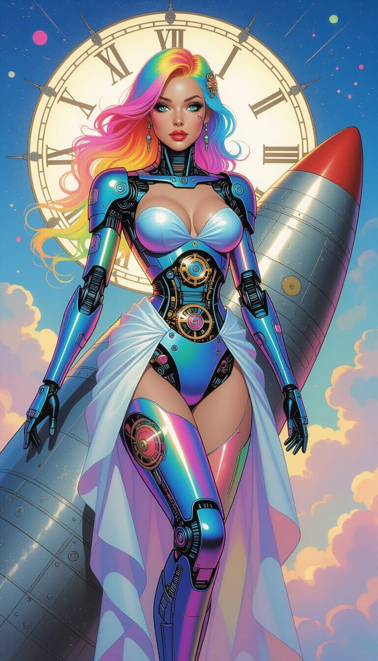 Neon Cyborg Art Nouveau on Rocket Ship
