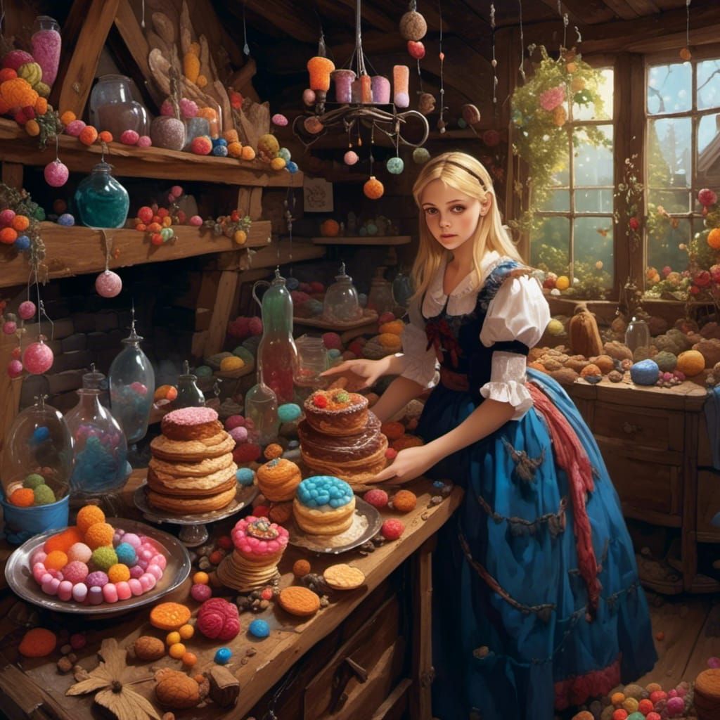 Gretel's Dark Fairy Tale Kitchen: A Hyperrealistic Scene