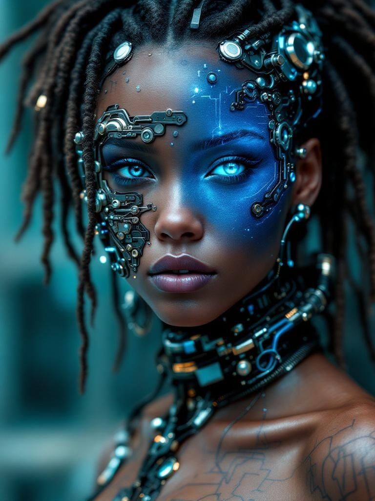 Futuristic Cyborg Woman Portrait in Biomechanical Style