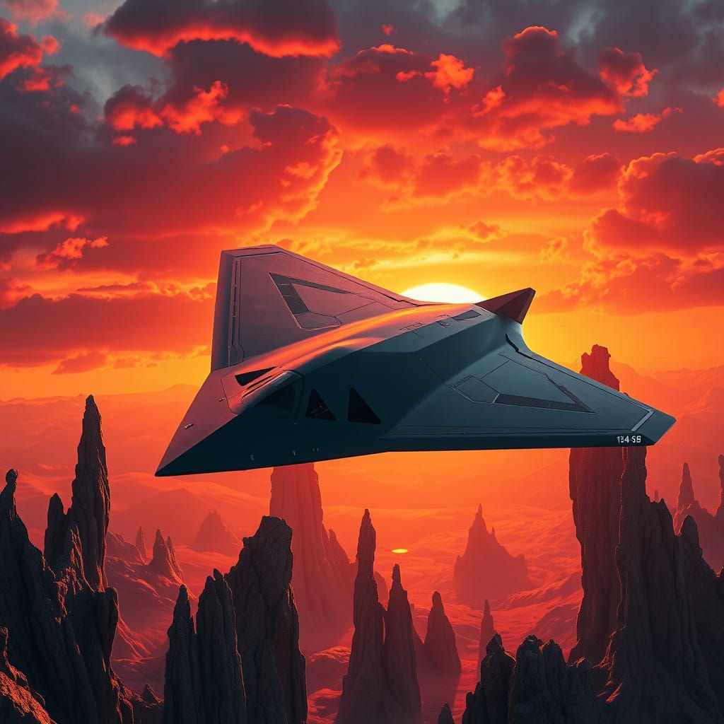 Cyberpunk Stealth Bomber in Sunset