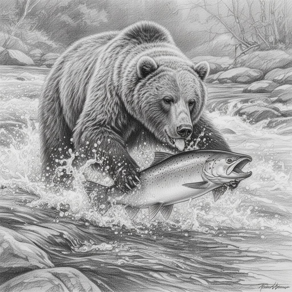 Graphite Drawing: Grizzly Bear Catches Salmon in Rushing Str...