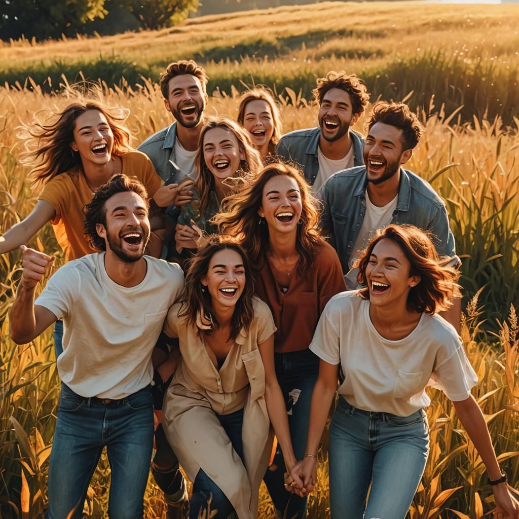 Friends Laughing in Sunlit Field: Vibrant Digital Art