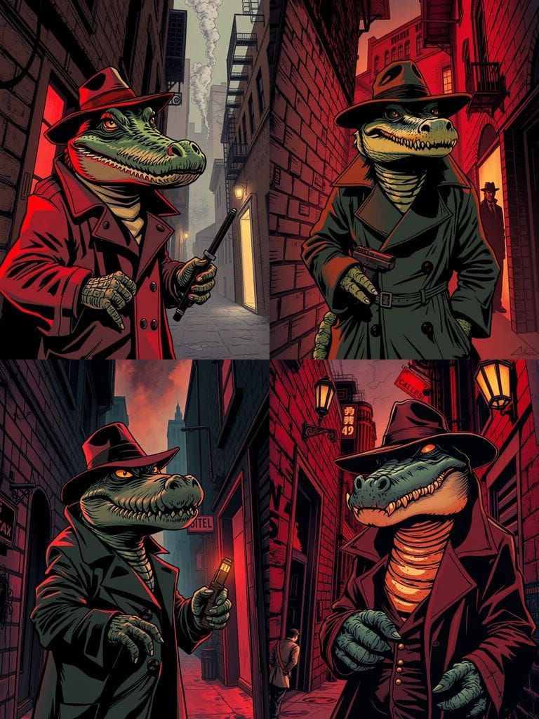 Alligator Detective in Noir Comic Book Style