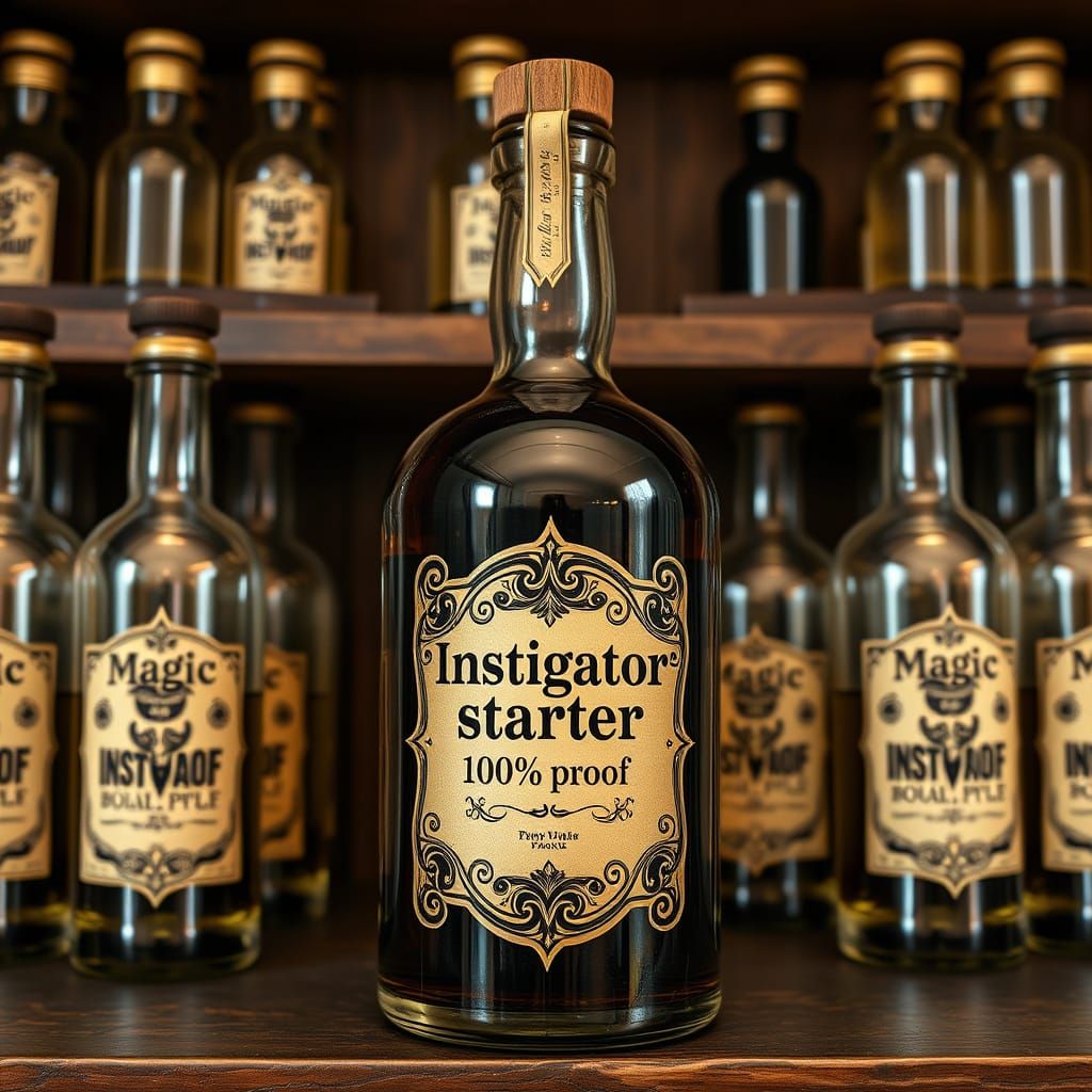 Intricately Detailed Shelf of 100% Proof Potion Bottles