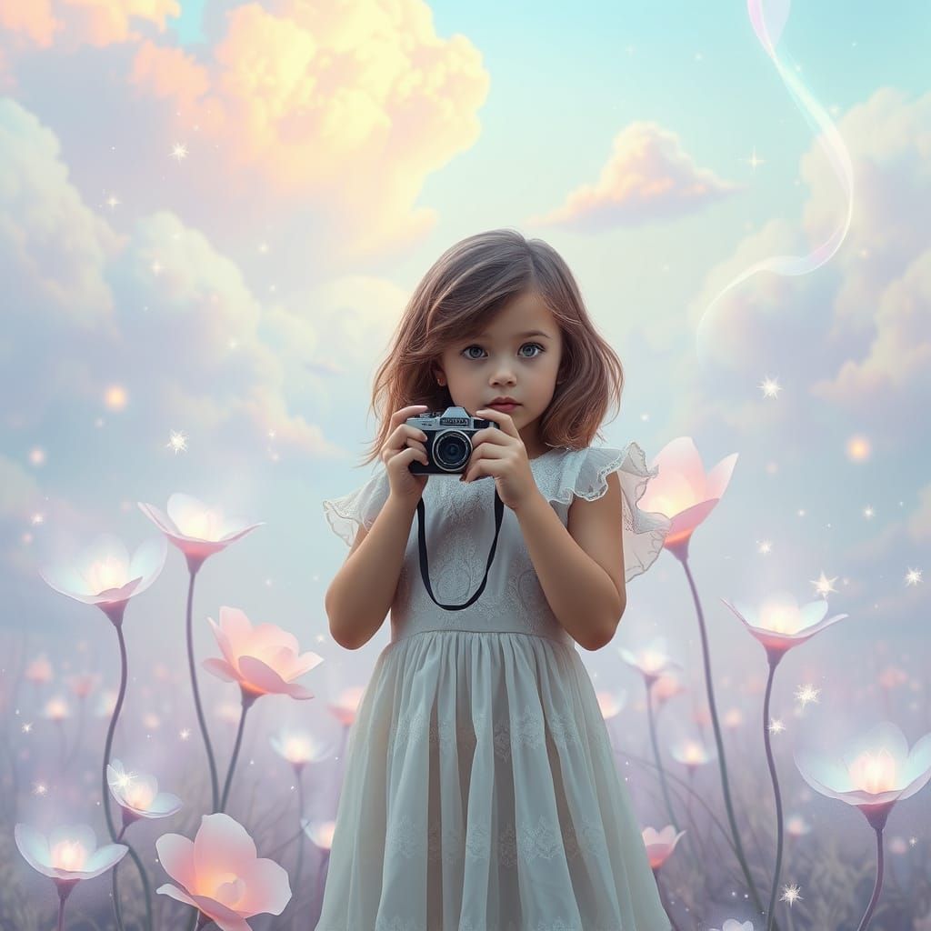 Girl in Whimsical, Dreamlike Landscape with Glowing Hues and...