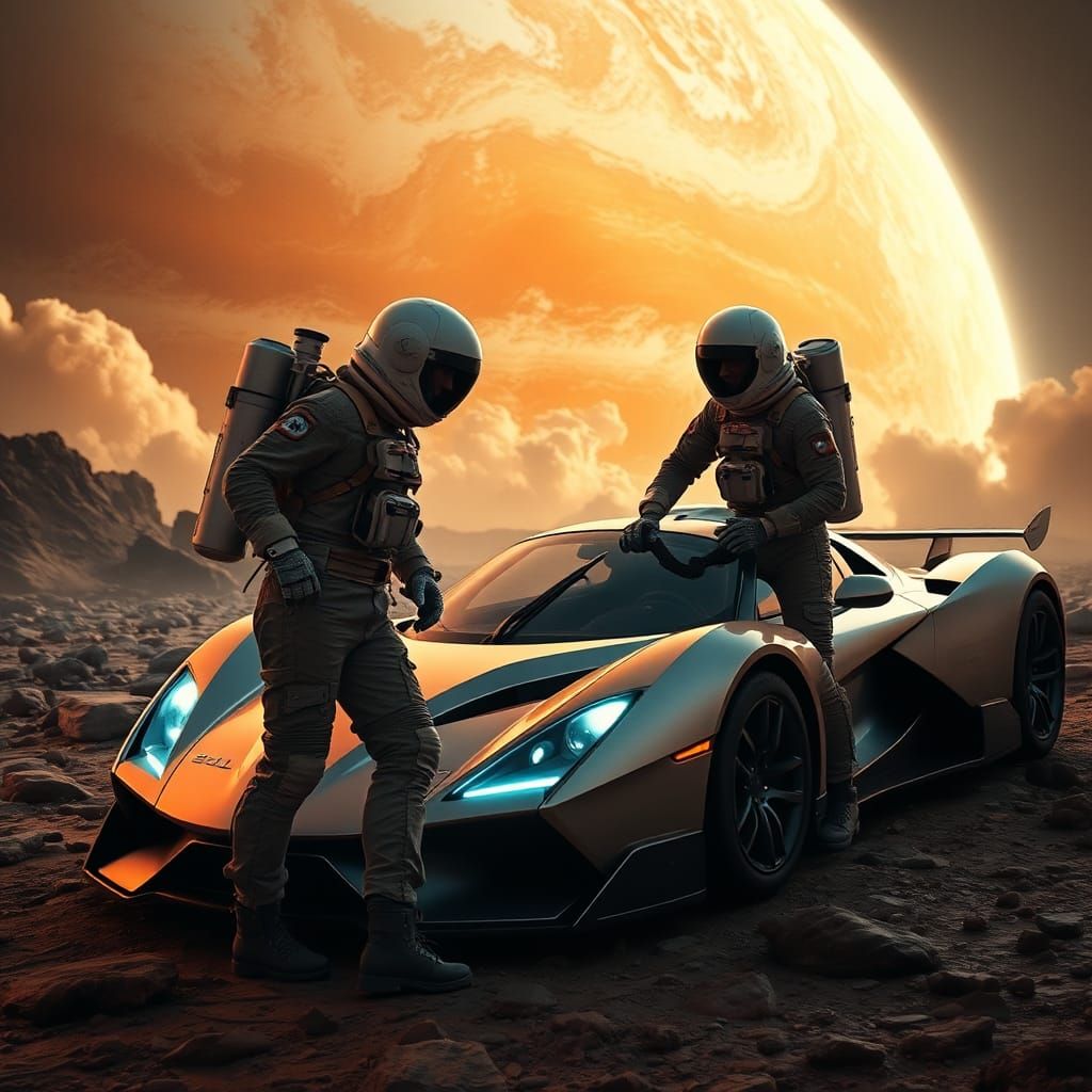 Astronauts Repairing Supercar on Jupiter in Sci-Fi Style