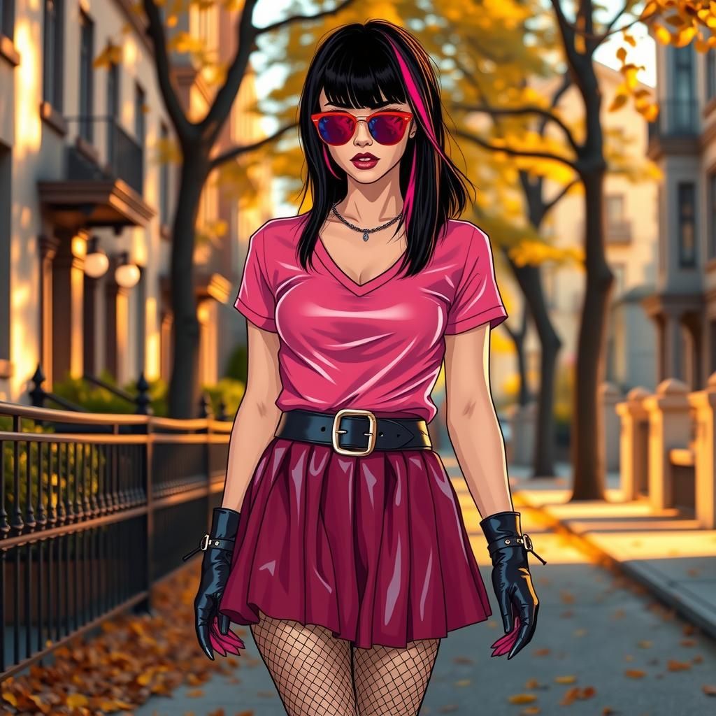 Edgy Woman in Latex Outfit on Autumn Street