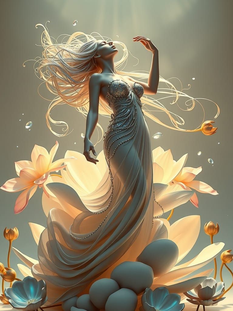 Ethereal Silver Sculpture of Woman Emerging from Shattered P...