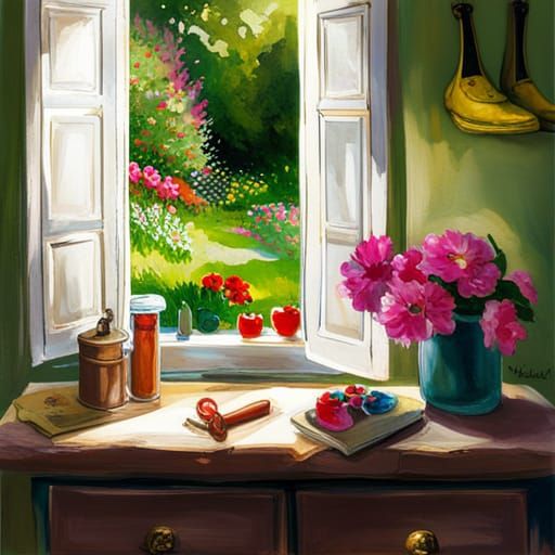 Sunlit Garden View Through Open Window