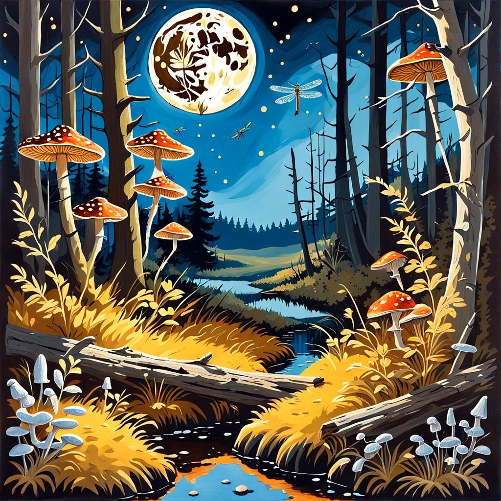 Wild Moonlit Landscape with Dragonflies in Gouache