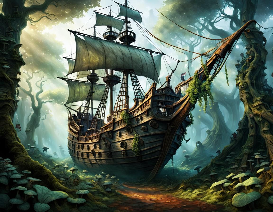 Enchanted Flying Pirate Ship in Dreamlike Fantasy World