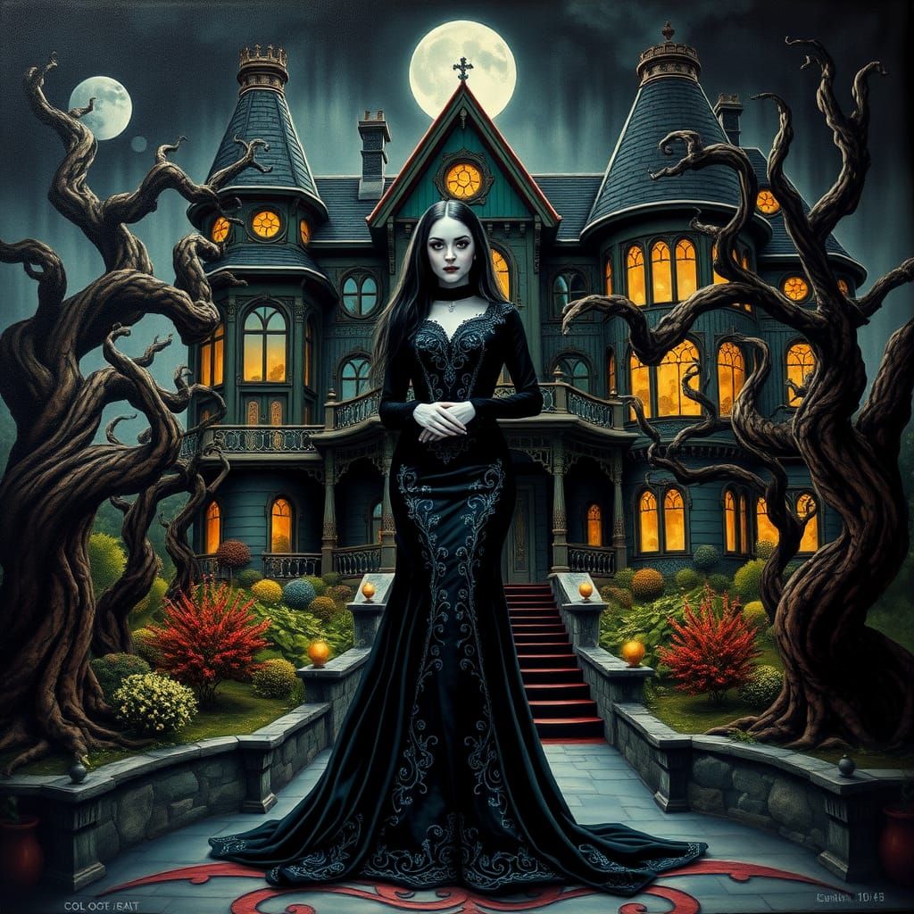 Morticia Addams in Surreal Gothic Mansion, Impasto Watercolo...