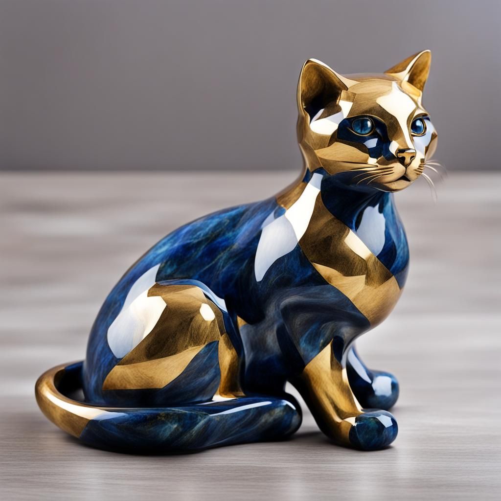 Elegant Blue and Gold Marble Cat Statue