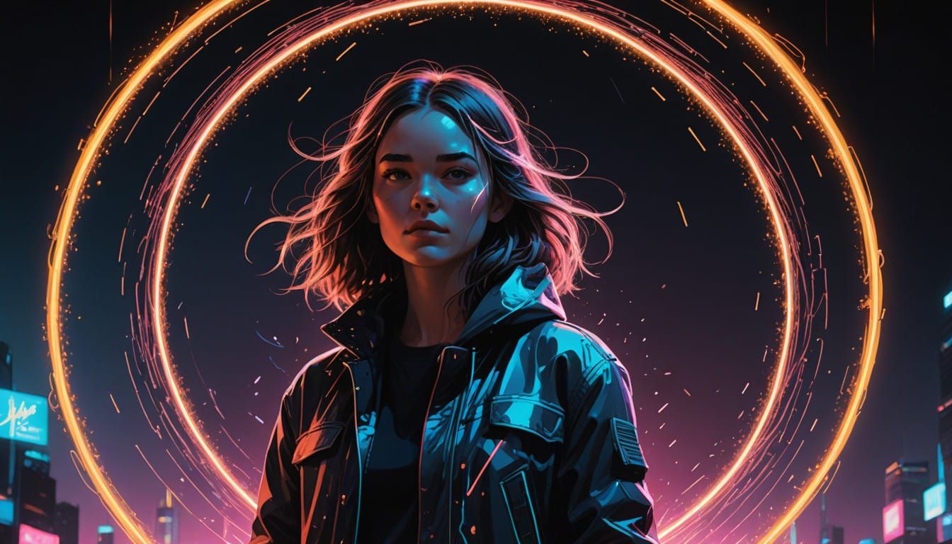 Futuristic Fashion Girl with Neon Glow and Sparkling Halo