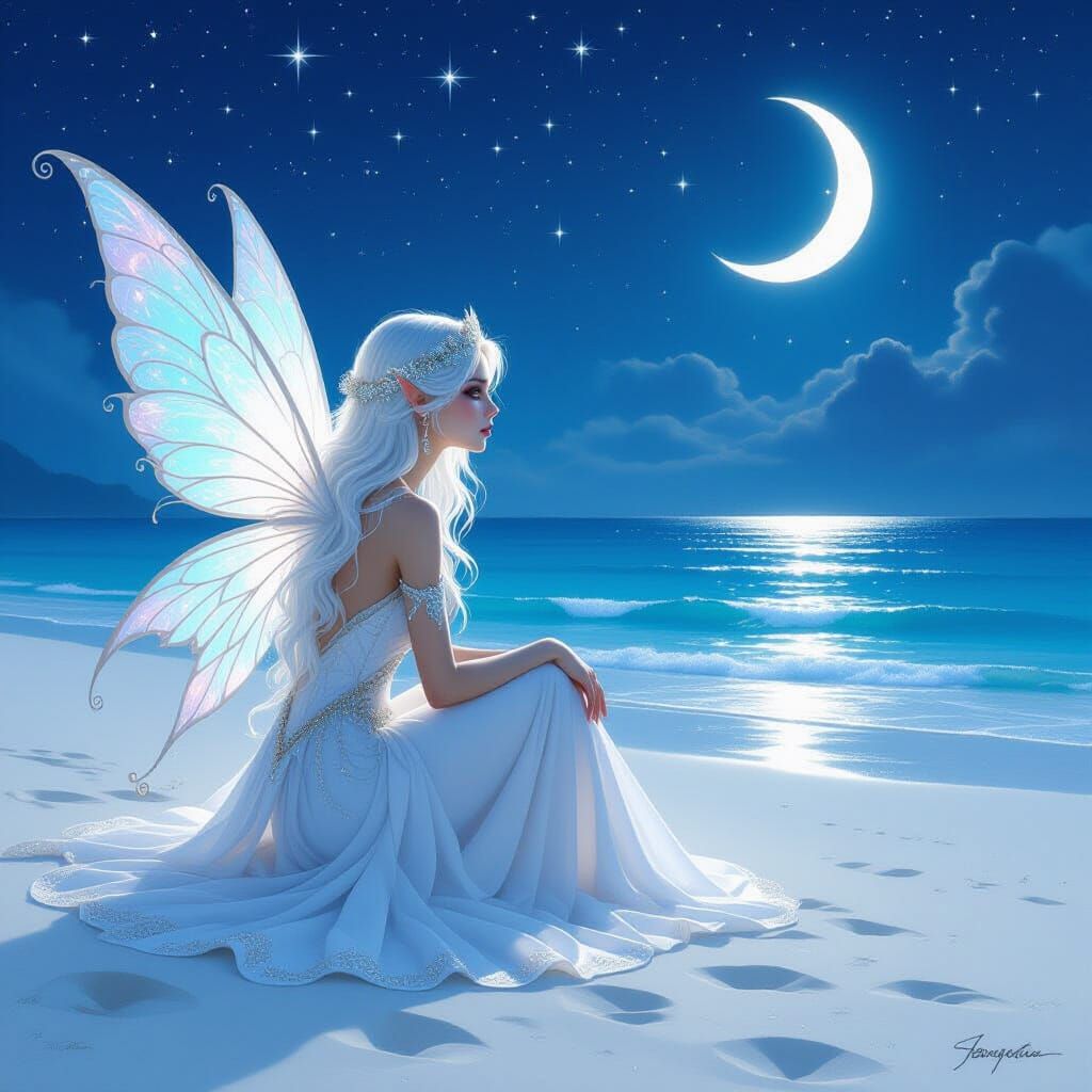 Fairy on a Beach at Night as Impasto Oil Painting