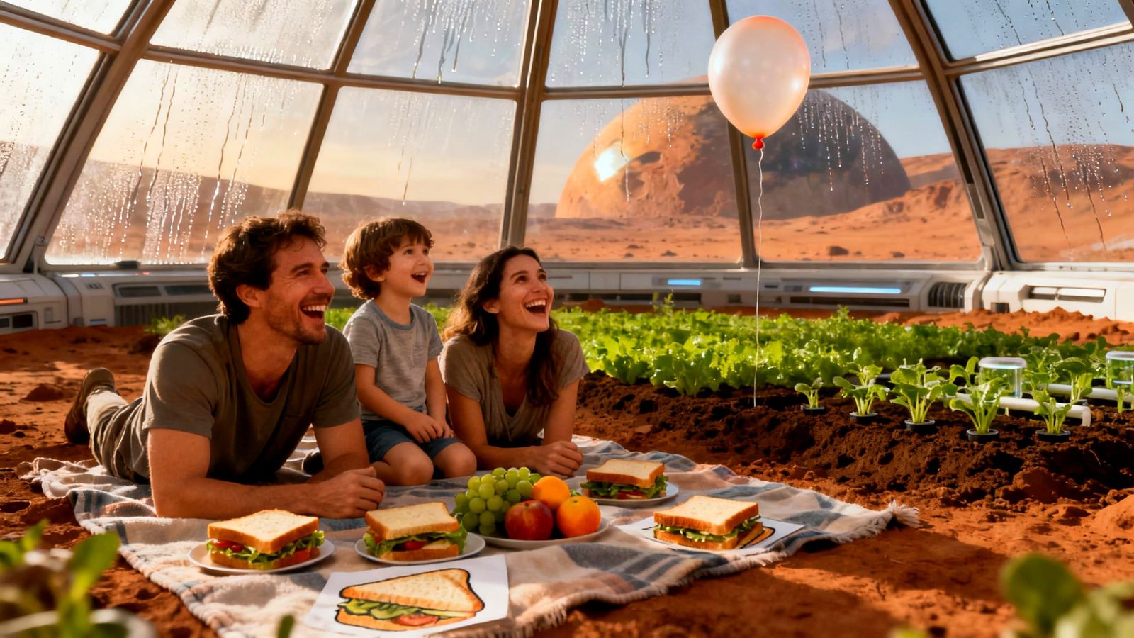 Family Picnic Under Martian Dome in Morning Light