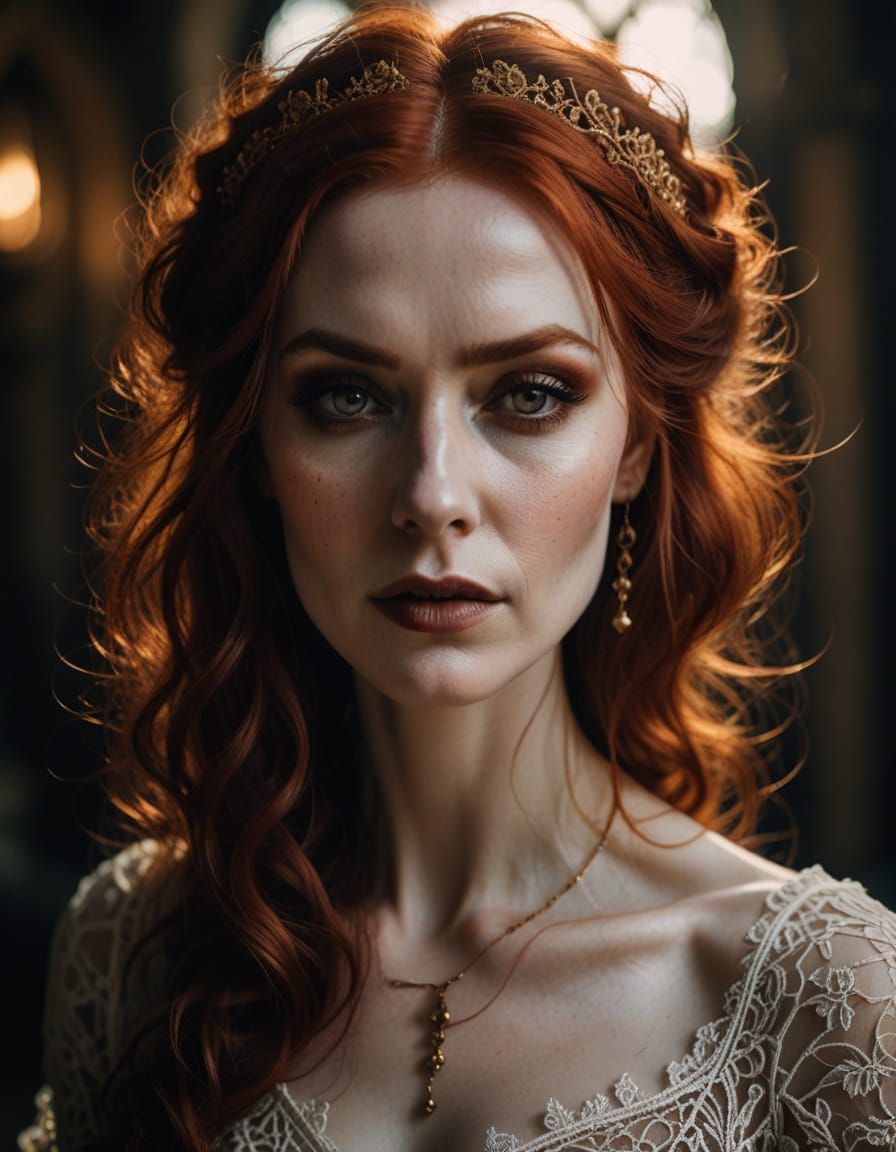 Sensual Gothic Redhead Portrait with Lace, Soft Focus