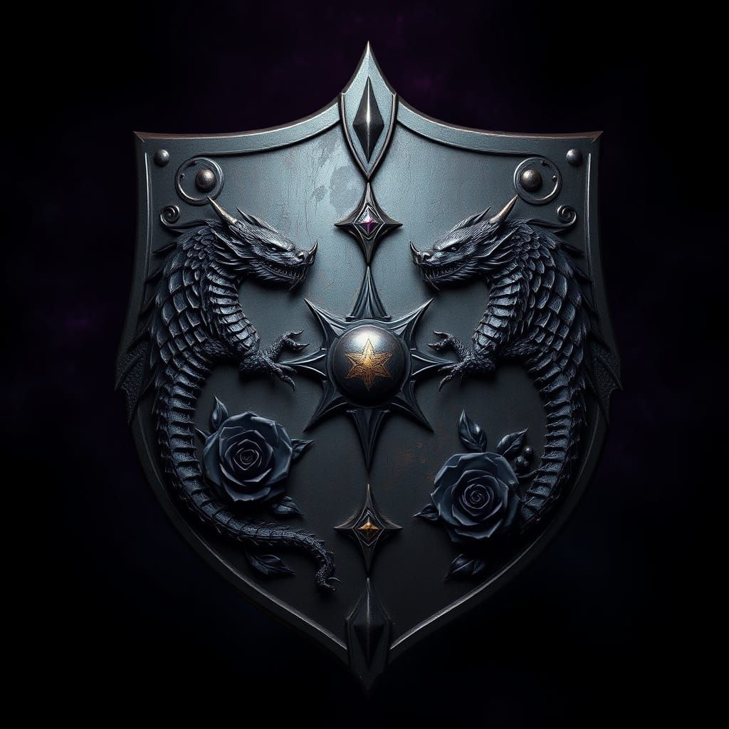 Fantasy Shield with Dragons and Black Roses in Dark, Muted C...