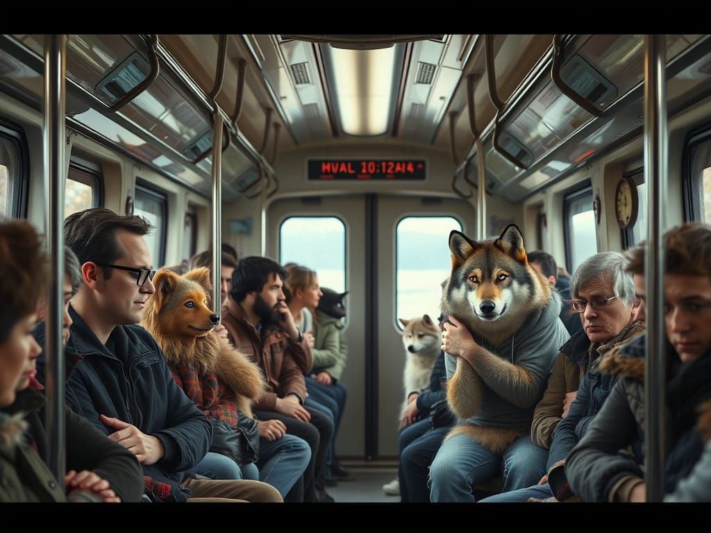 Crowded Train Car with Furry Passengers