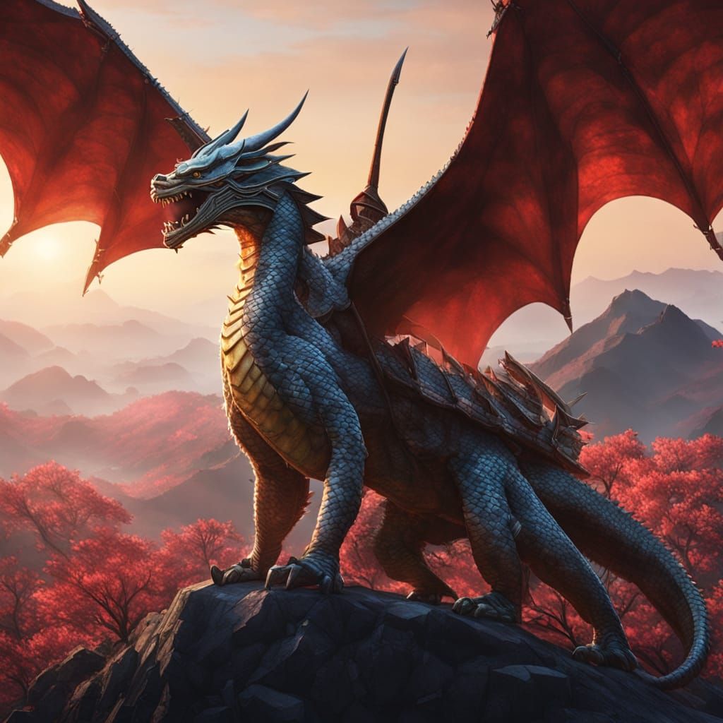 Samurai Dragon on Misty Mountain Peak