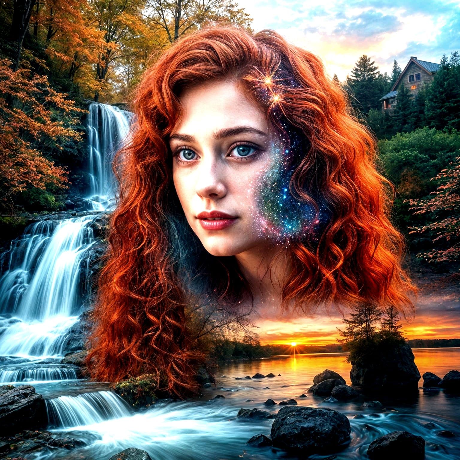 Ethereal Galaxy Waterfall Meets Autumn Forest