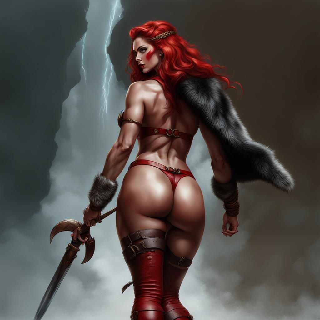 Ginger Barbarian Woman in Red, Pinup Style