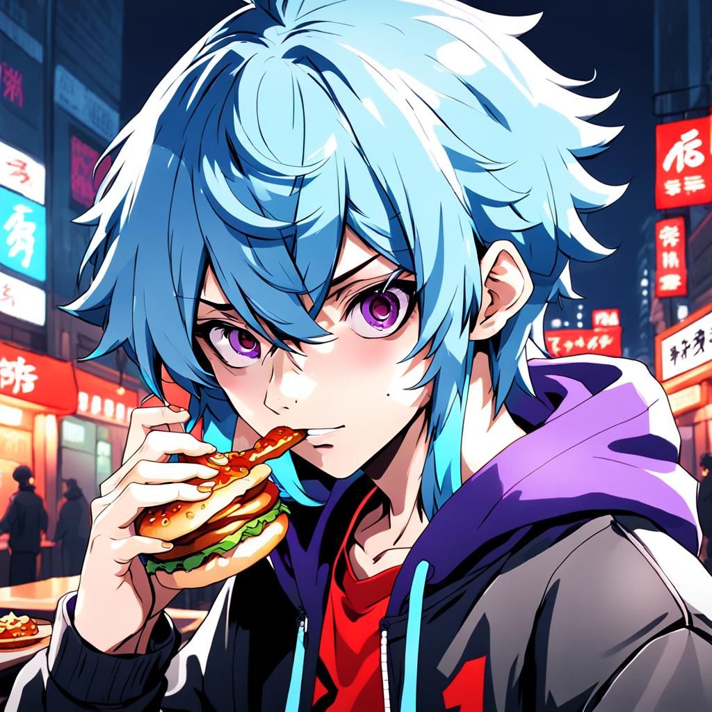 Anime Persona 5 Character with Blue Hair Eating Spicy Food