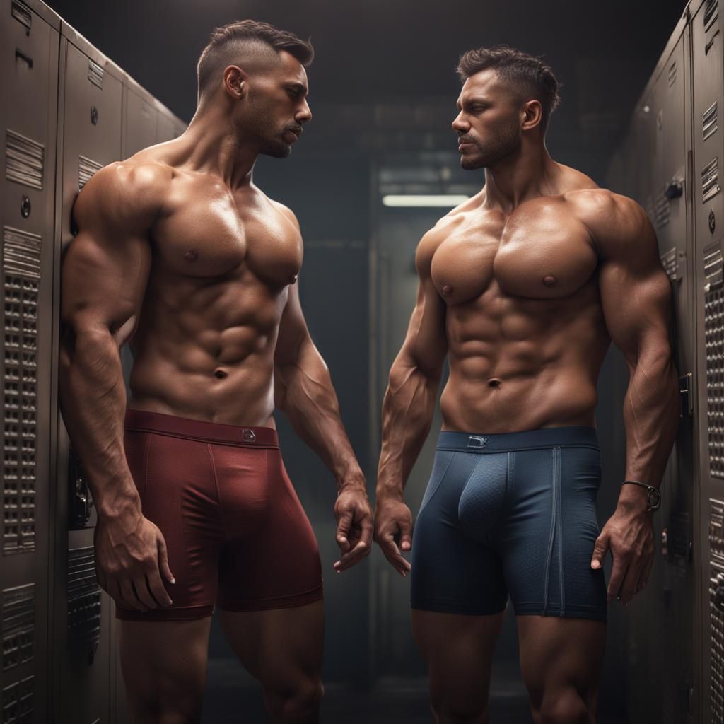 Muscular Men Staring in Locker Room: Matte Painting