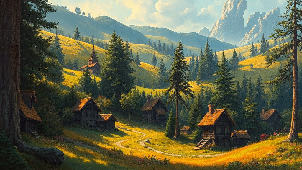 Fantasy Village in Mystical Forest as Oil Painting